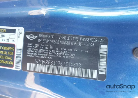 2006 Mini Cooper из США, поврежденный, VIN WMWRF33576TG14873